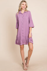 Elegant Ruffle Hem Linen Shirt Dress
