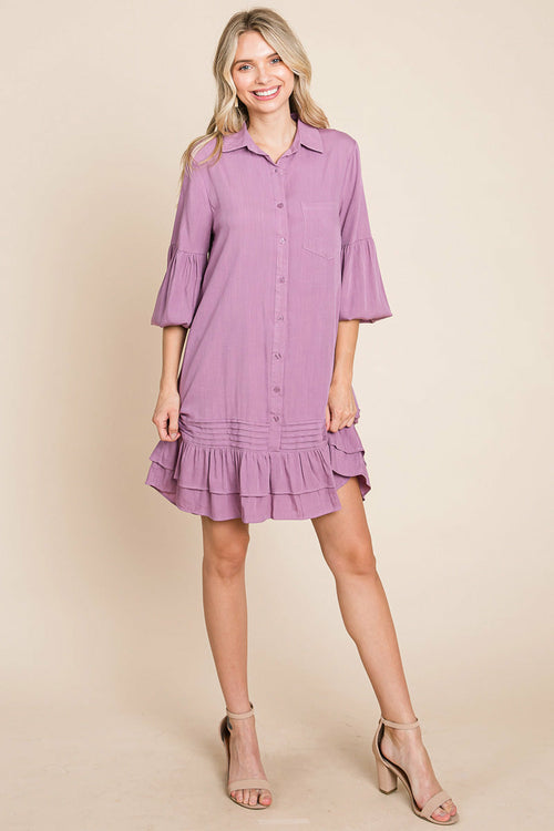 Elegant Ruffle Hem Linen Shirt Dress