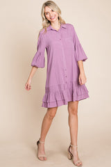 Elegant Ruffle Hem Linen Shirt Dress