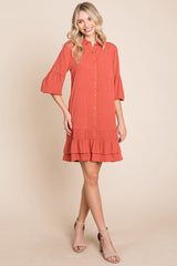 Elegant Ruffle Hem Linen Shirt Dress