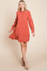 Elegant Ruffle Hem Linen Shirt Dress