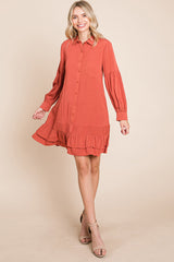 Elegant Ruffle Hem Linen Shirt Dress