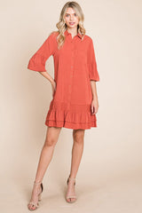 Elegant Ruffle Hem Linen Shirt Dress