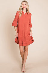 Elegant Ruffle Hem Linen Shirt Dress
