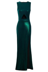Luxurious Green Metallic Maxi Dress with Cut-Out Side Detail