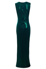 Luxurious Green Metallic Maxi Dress with Cut-Out Side Detail