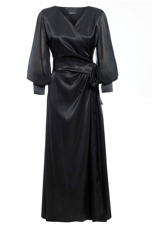 Seductive Noir Satin Wrap Maxi Dress