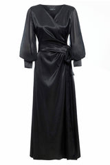 Seductive Noir Satin Wrap Maxi Dress