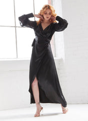 Seductive Noir Satin Wrap Maxi Dress