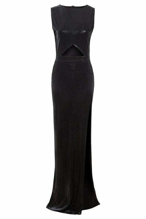 Luxurious Green Metallic Maxi Dress with Cut-Out Side Detail
