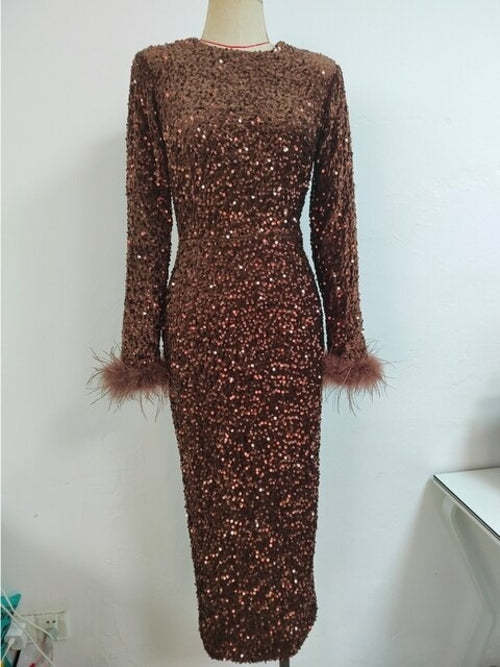 Glamorous Feathered Sequin Sheath Dress