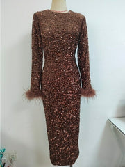 Glamorous Feathered Sequin Sheath Dress