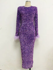 Glamorous Feathered Sequin Sheath Dress