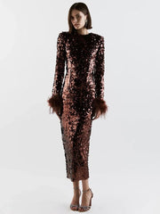 Glamorous Feathered Sequin Sheath Dress
