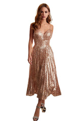 Elegant Sequin Rose Gold V-Neck Evening Gown