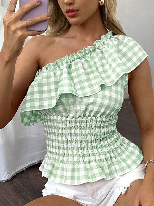 Feminine Plaid Ruffle Summer Top