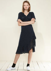Navy Polka Dot Wrap Midi Skirt: Flattering and Stylish!