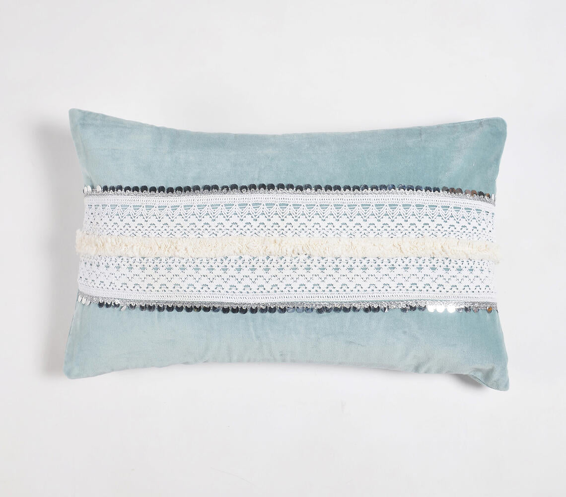 Lace & Sequin Embellished Powder Blue Lumbar Cushion Cover