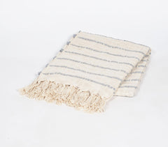 Handwoven Striped Cotton Throw with Tassels Q5