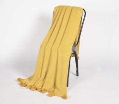 Hand Knitted Cotton Mustard Pom-Pom Throw