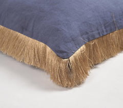 Solid Navy Cotton Linen Cushion Cover with Fringed Border
