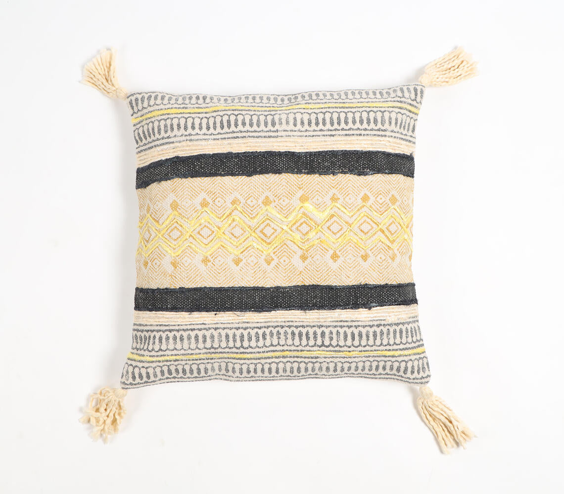 Block Printed Cotton Geometric-Tribal Tasseled Cushion Cover