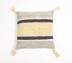 Block Printed Cotton Geometric-Tribal Tasseled Cushion Cover