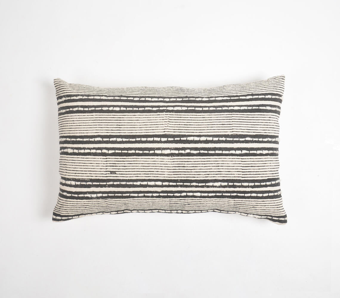Striped Greyscale Cotton Lumbar Cushion Cover