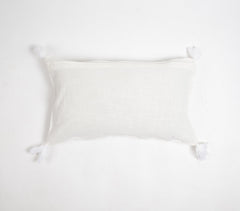 Dyed Monotone White Cotton Lumbar Tasseled Cushion Cover