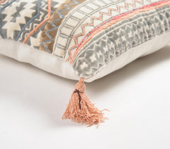 Block Printed & Embroidered Cotton Tasseled Cushion Cover