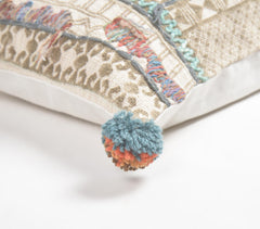 Block Printed & Embroidered Cotton Lumbar Cushion Cover with Pom-Poms