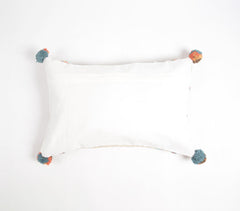 Block Printed & Embroidered Cotton Lumbar Cushion Cover with Pom-Poms