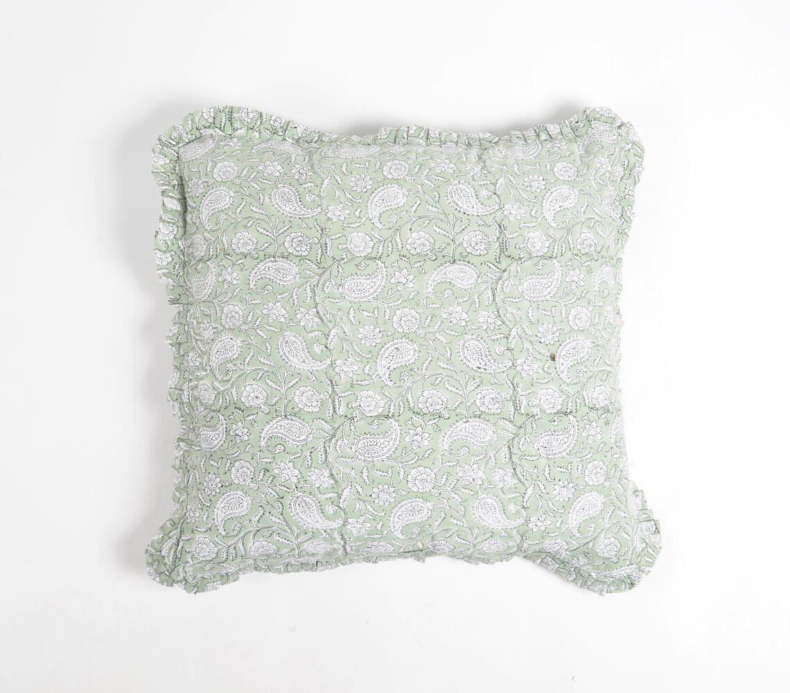 Paisley Block Printed Cushion Cover with Frilled Border