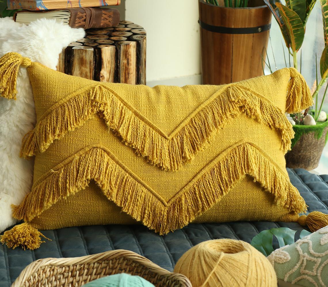 Woven Yellow Cotton Cushion Cover