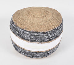 Hand-Braided Jute & Greyscale Cotton Pouf