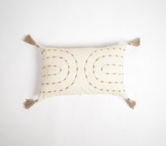 Neutral Embroidered & tasseled Lumbar Cushion Cover