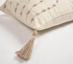 Neutral Embroidered & tasseled Lumbar Cushion Cover
