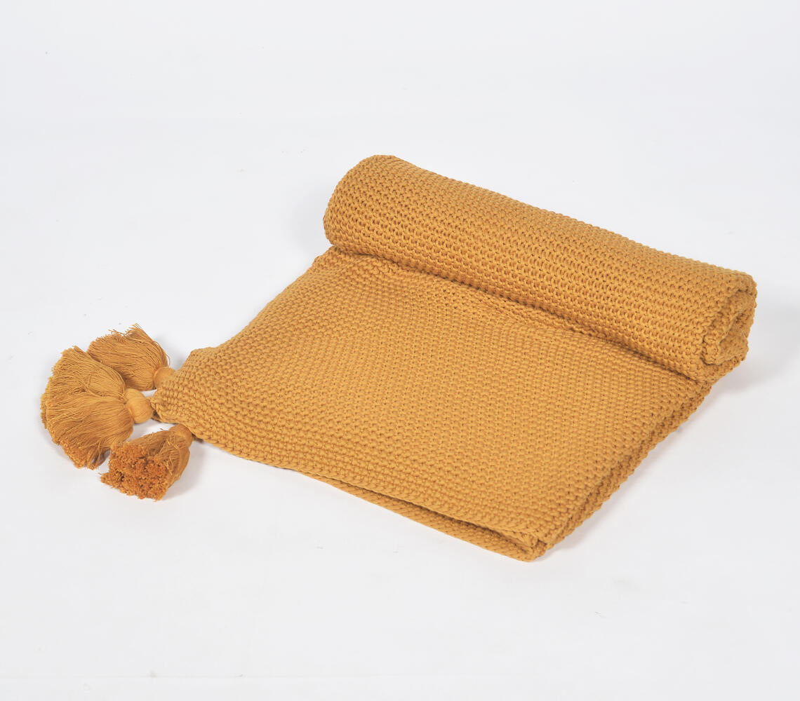 Knitted Cotton Mustard Tasseled Throw
