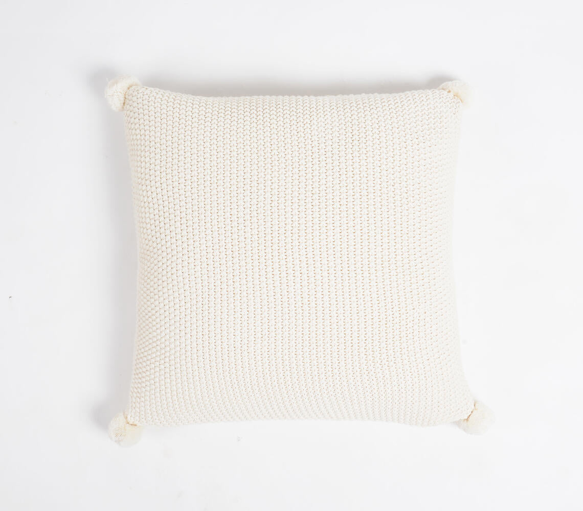 Knitted Cotton Cream Cushion Cover with Pom-Poms