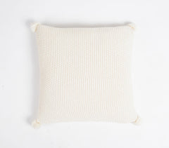 Knitted Cotton Cream Cushion Cover with Pom-Poms