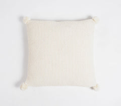Knitted Cotton Cream Cushion Cover with Pom-Poms