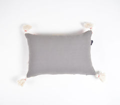 Abstract Embroidered & Tasseled Grey Lumbar Cushion Cover