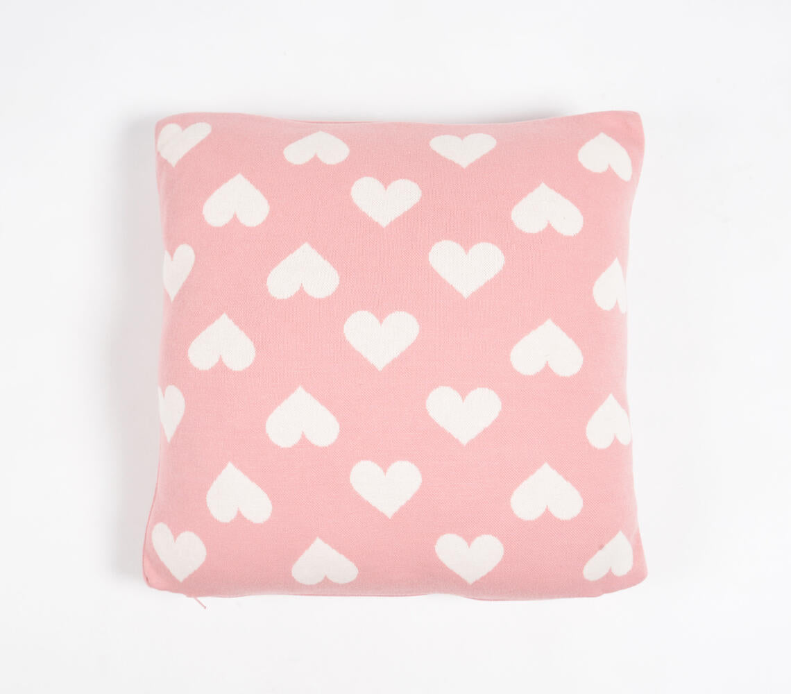 Knitted Cotton Hearts Pink Cushion Cover