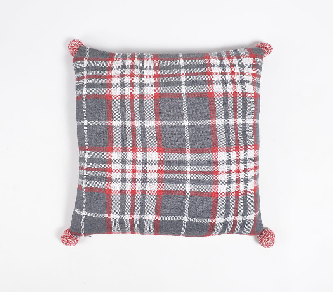 Knitted Cotton Plaid Cushion Cover with Pom-pom Tassels