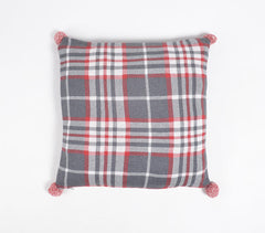 Knitted Cotton Plaid Cushion Cover with Pom-pom Tassels