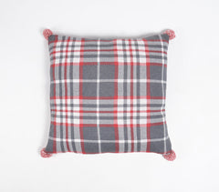Knitted Cotton Plaid Cushion Cover with Pom-pom Tassels