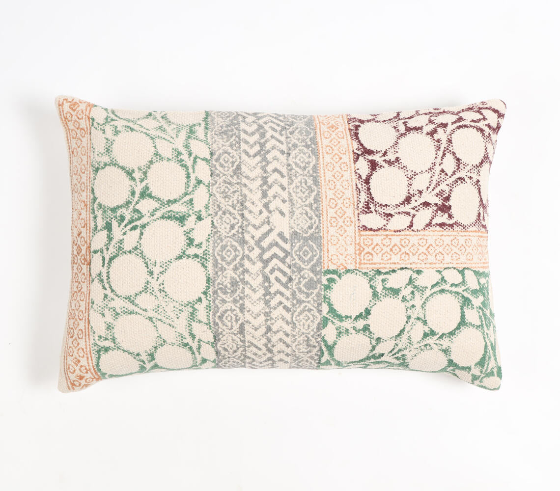 Block Printed Cotton Geometric Botanical Lumbar Cushion Cover