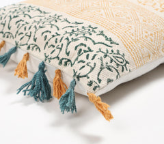 Block Printed Cotton Paisley-Geometric Tassel-Lined Cushion Cover