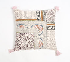 Block Printed Cotton Geometric-Floral Tasseled Cushion Cover