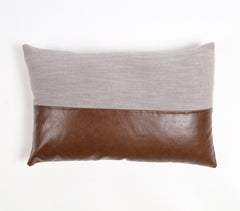 Hand Stitched Cotton & Leather Colorblock Lumbar Cushion Cover